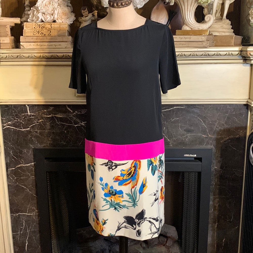 Tibi silk sheath dress with color block floral with birds